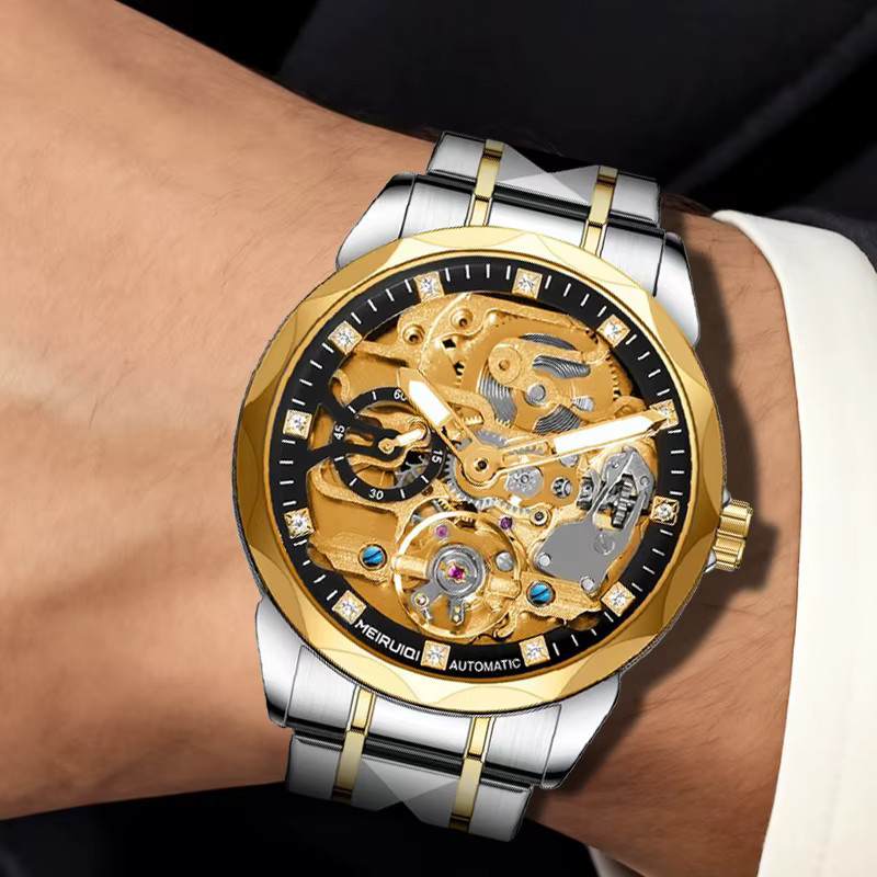 MEIRUIQI Armbanduhr, Automatik, Edelstahl, Gold, Schwarz, Herren - Bild 6