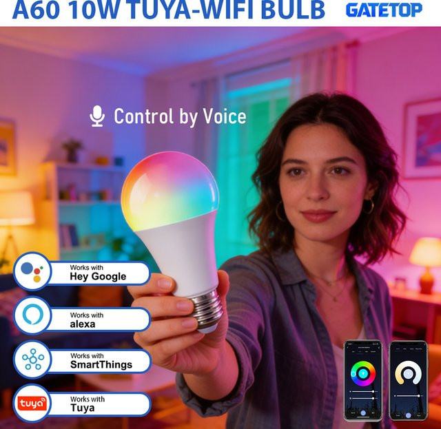 TUYA Smart LED-Glühbirne E27 mit 10W, dimmbar, RGBW Farbwechsel, WiFi App-Steuerung, kompatibel mit Amazon Alexa und Google Assistant, Multicolor - Bild 1