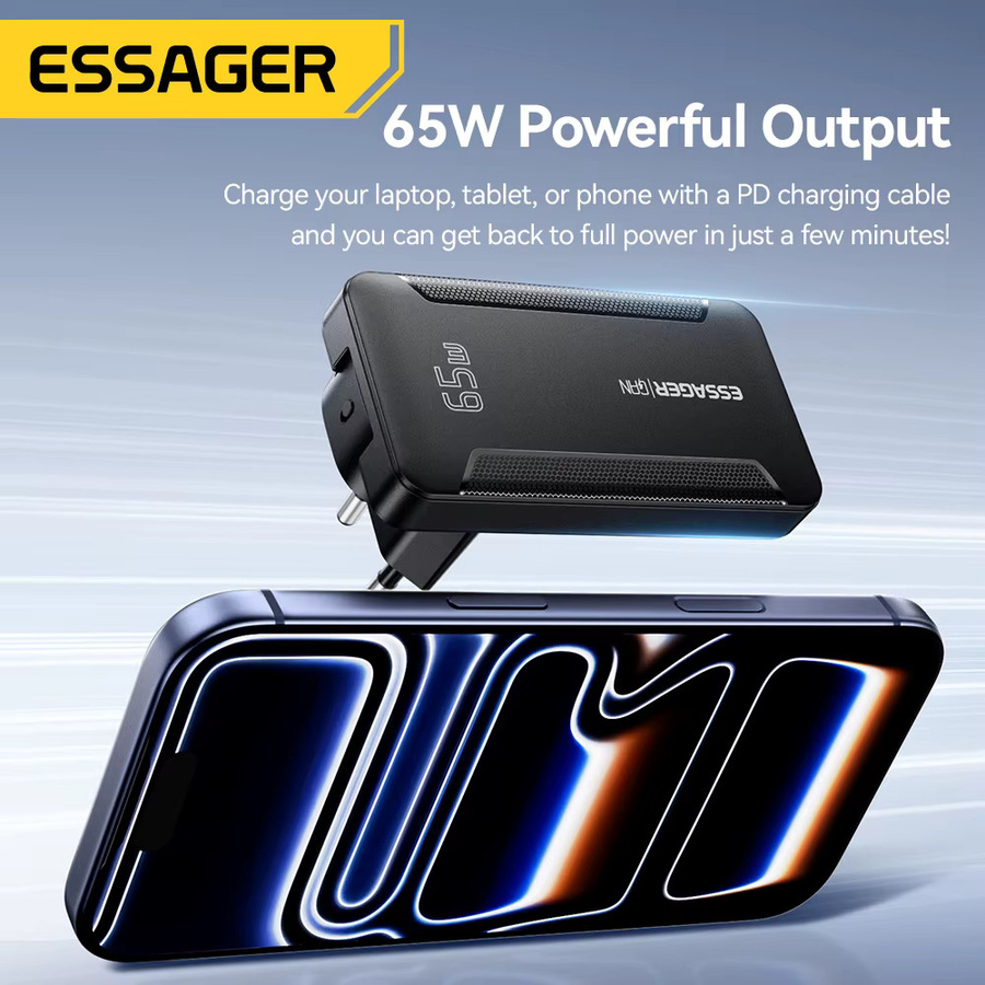 Essager Slim 65 W GaN Reiseladegerät mit USB-A und USB-C, tragbares Schnellladegerät für iPhone, Samsung und MacBook, erhältlich in Schwarz oder Grau - Bild 3