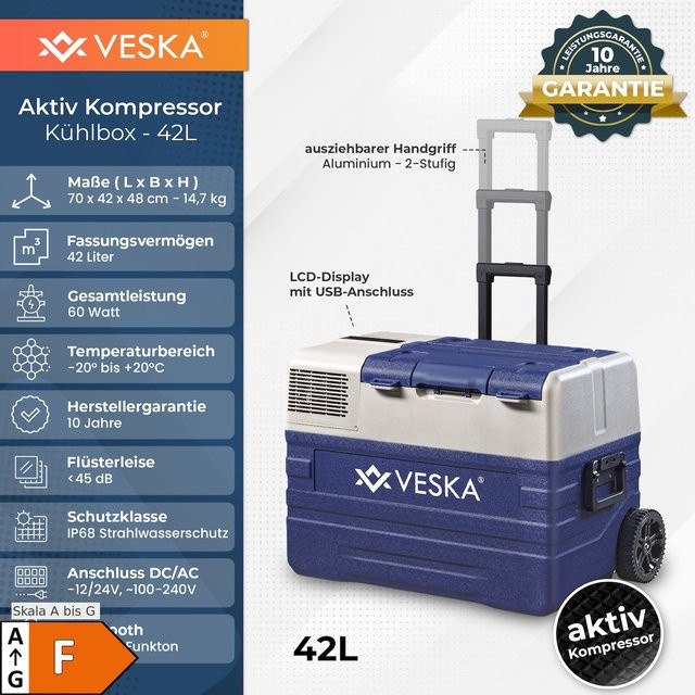 VESKA Kompressor Kühlbox elektrisch mit APP-Steuerung, Gefriertruhe, 42 l, Blau - Bild 1