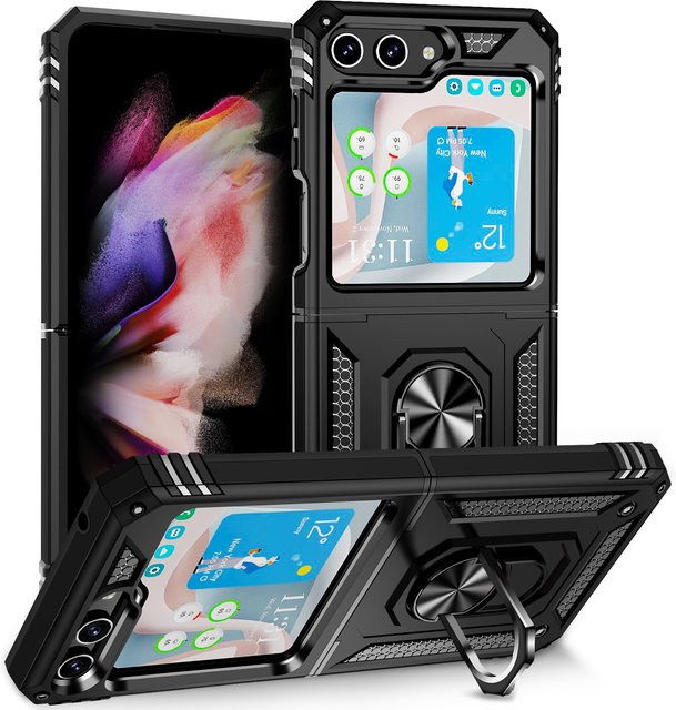 Stoßfeste Klapphülle für Samsung Galaxy Z Flip 5, Z Flip 4 und Z Flip 3 mit Ständer und Ringhalterung in Schwarz und Gold - Bild 1