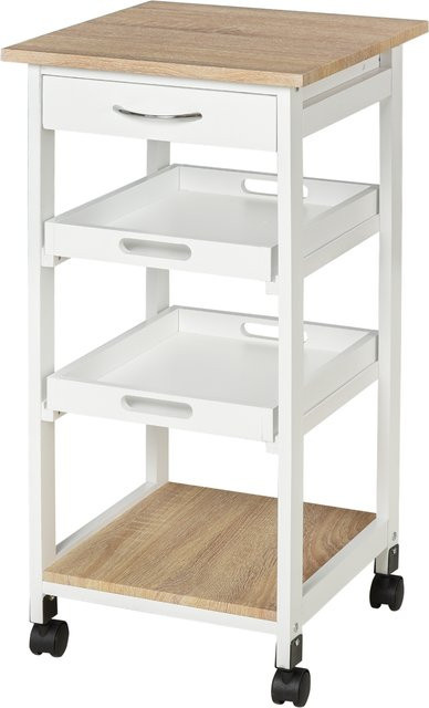 HOMCOM Servierwagen Küchenwagen mit Rollen und 2 abnehmbaren Tabletts, Schublade und Regal, Farbe Weiß und helle Eiche, Aosom - Bild 1