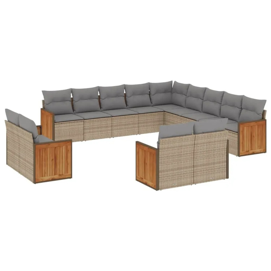 vidaXL 13-tlg. Garten-Sofagarnitur in U-Form aus Polyrattan und Akazienholz mit Kissen, Beige-grau - Bild 2
