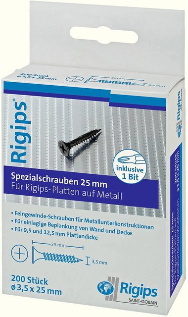 Rigips Feingewindeschrauben für Metall, Farbe: Silber, Durchmesser: 3,5 mm, Länge: 25 mm, 200 Stück - Bild 1
