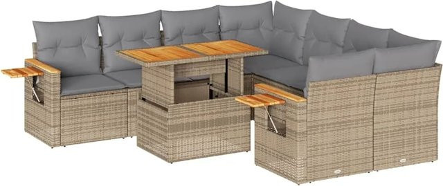 vidaXL 9-tlg. Garten-Sofagarnitur in L-Form aus Poly-Rattan und Akazienholz mit Kissen in Beige-Grau - Bild 1