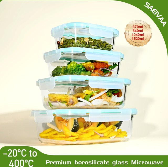 SAEIV Frischhaltedosen Set mit Deckel, 4er Pack transparent, BPA-frei und gefriergeeignet, Volumen: 370 ml, 640 ml, 1040 ml und 1520 ml - Bild 1