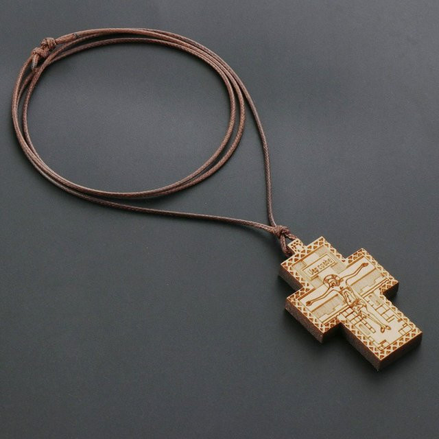 Halskette mit Orthodoxem Kreuz Anhänger, Holz, Unisex - Bild 1