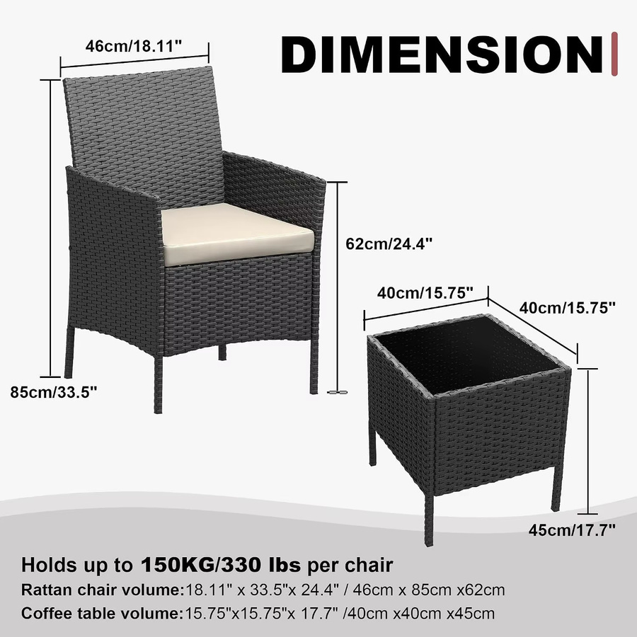 HiMISS 3-teiliges Outdoor-Gartenmöbel-Set aus Polyrattan mit Tisch aus Glas und Polsterkissen in Schwarz und Beige - Bild 3
