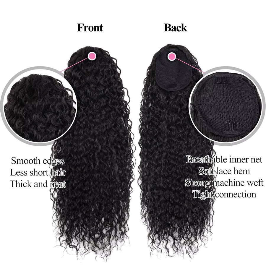 xbeauty Deep Wave Kordelzug-Pferdeschwanz, 100 % Echthaarverlängerungen, 100 g, natürliches Schwarz - Bild 2