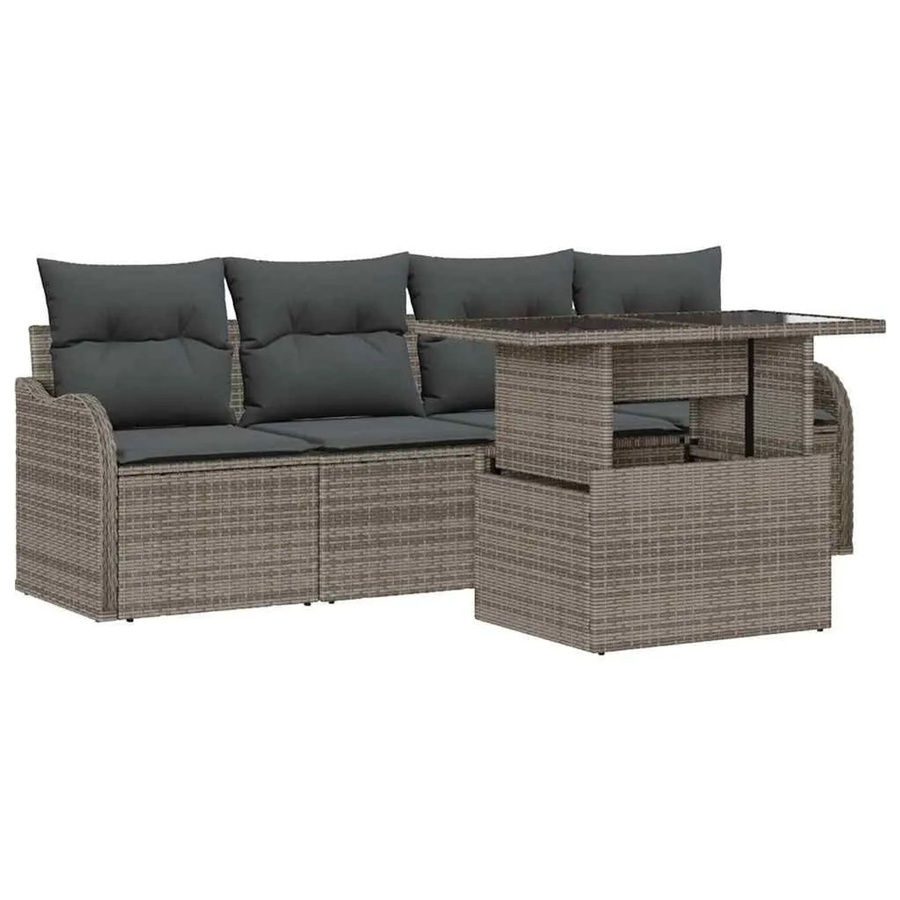 vidaXL Garten-Sofa-Set 5-tlg. in Grau mit Kissen und Couchtisch aus Poly-Rattan und Metall - Bild 2