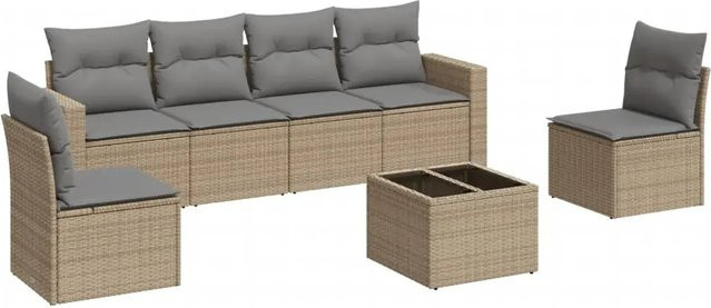 vidaXL 7-teilige Garten-Sofagarnitur in L-Form aus Poly-Rattan mit Kissen in Beige-Grau - Bild 1