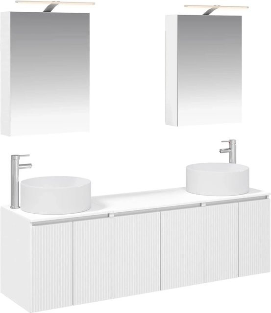 vidaXL Badezimmerschrank-Set in Weiß, modern und matt, bestehend aus Waschtischunterschrank und Spiegelschrank mit LED-Beleuchtung - Bild 1