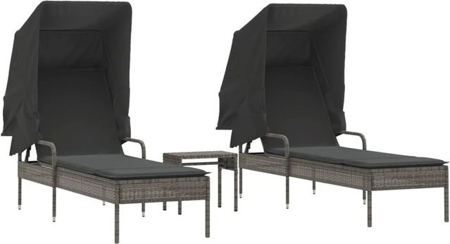 vidaXL Sonnenliegen Set aus 2 Stück in Grau aus Poly Rattan mit Sonnendach und Beistelltisch - Bild 1