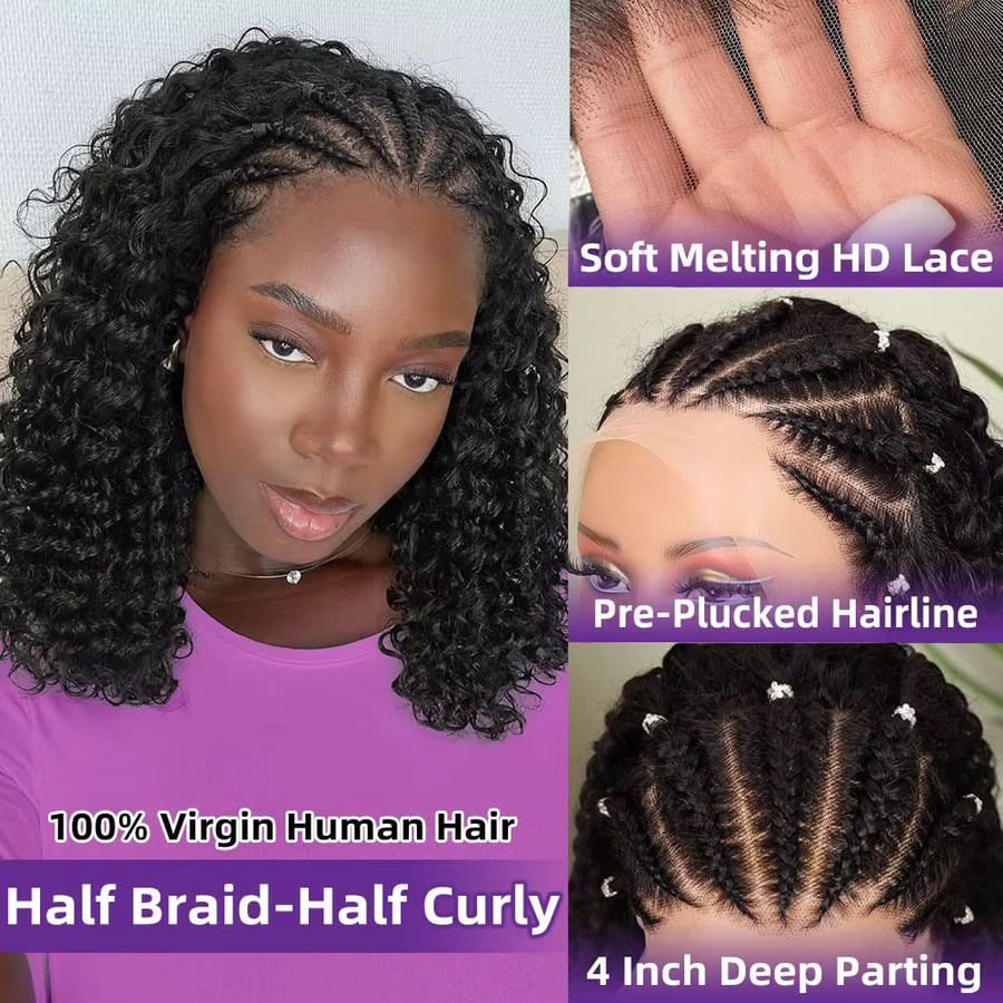 mayfive Lockige Bob-Perücke aus Echthaar, 13x4 Lace-Front, Cornrow - Bild 3
