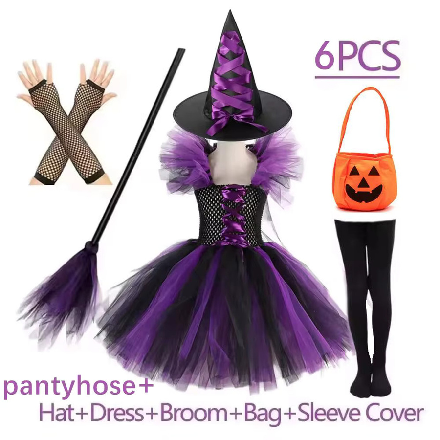 SistersLiu Halloween Lila Hexe Mädchen Kostüm Tutu Kleid mit Hut, ab 2 Jahre - Bild 2