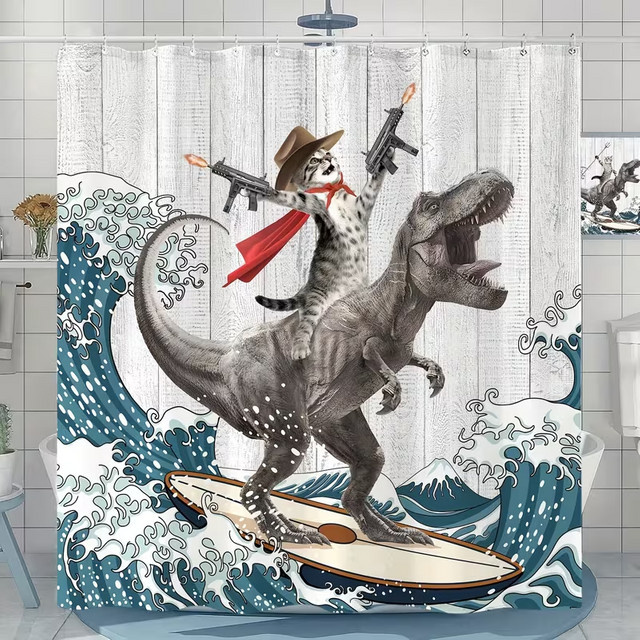 VIKAMA Duschvorhang mit Western Cowboy Katze und Tyrannosaurus Rex Surfen Design, Mehrfarbig, Breite: 180 cm, Höhe: 180 cm - Bild 1