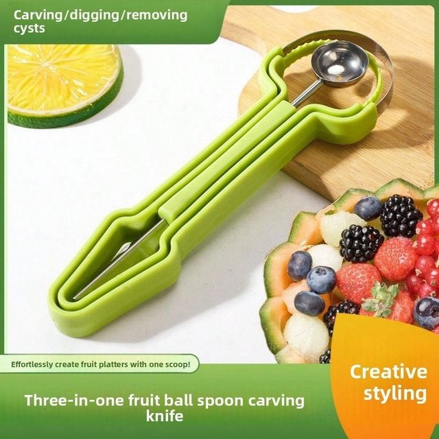 3-in-1 Obstschnitzwerkzeug Messerset aus Edelstahl, professionelles Melonenlöffel-Set, doppelseitig, grün - Bild 1