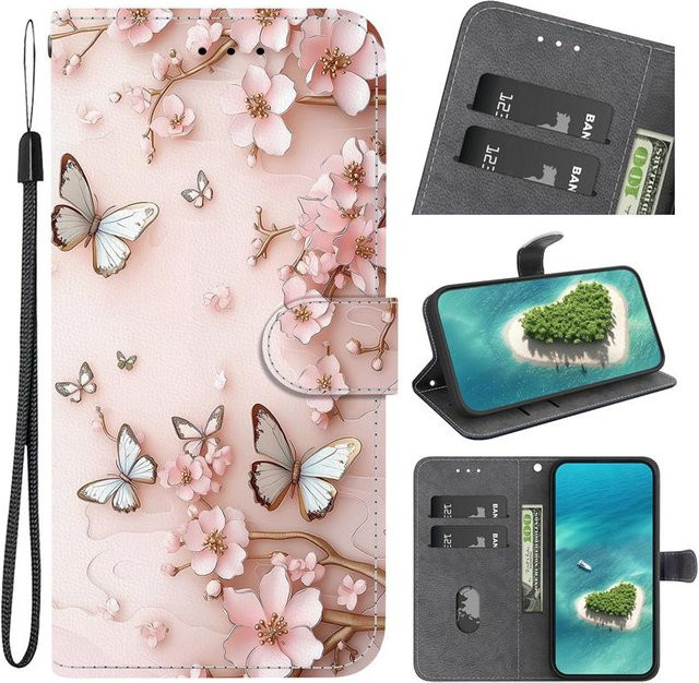 i17e Air Retro Blumen Handyhülle mit Brieftasche und Klappständer für iPhone 16 Pro, 15, 14, 13, 12, Farbe: Pink - Bild 1