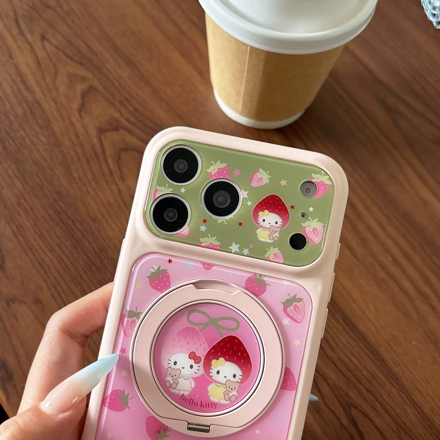 Korea Star Hello Kitty Handyhülle mit Erdbeer-Design und Linsenschutz für Apple iPhone 17 16 15 Pro Max in Pink mit magnetischer Halterung und stoßfestem Schutz - Bild 5