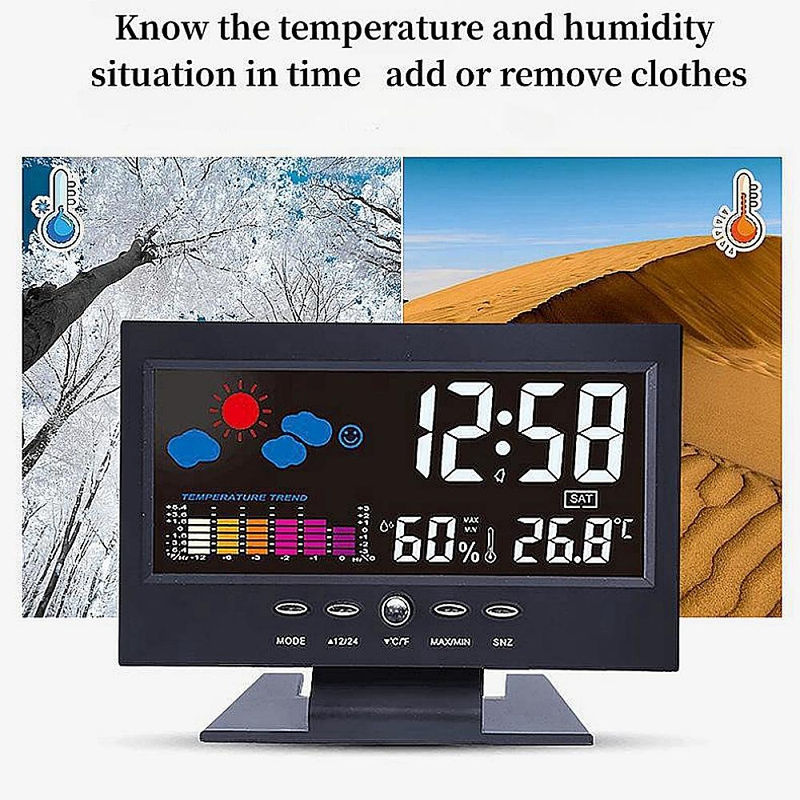 Digitale Wetteruhr mit Sprachsteuerung und Hintergrundbeleuchtung von Happy NieNie in Schwarz, inklusive Temperatur, Luftfeuchtigkeit und Wettervorhersage - Bild 12