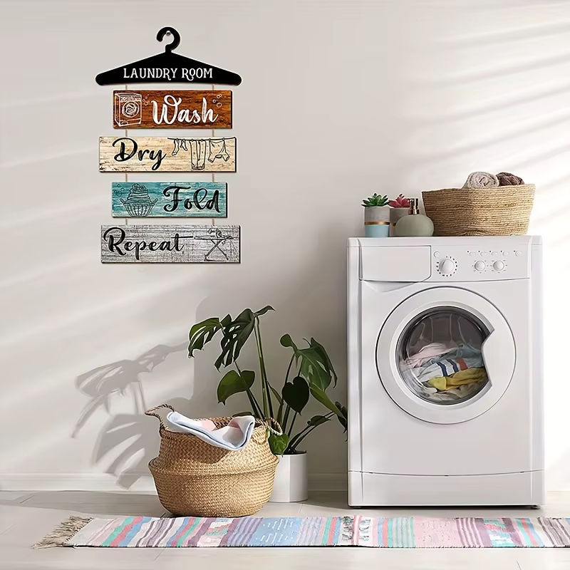 Retro Wandbehang aus Holz mit Wäsche-Regeln im Landhausstil, mehrfarbig, Querformat - Bild 3