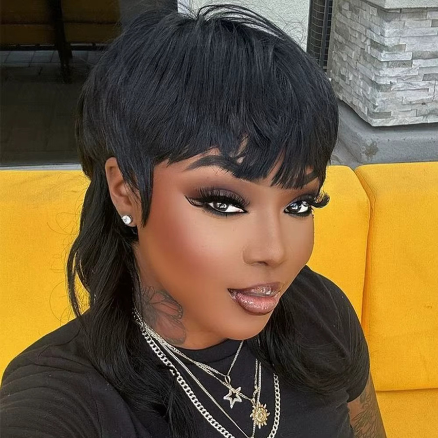 OYM HAIR Echthaarperücke, Pixie-Schnitt mit Pony, Schwarz/Weiß - Bild 2