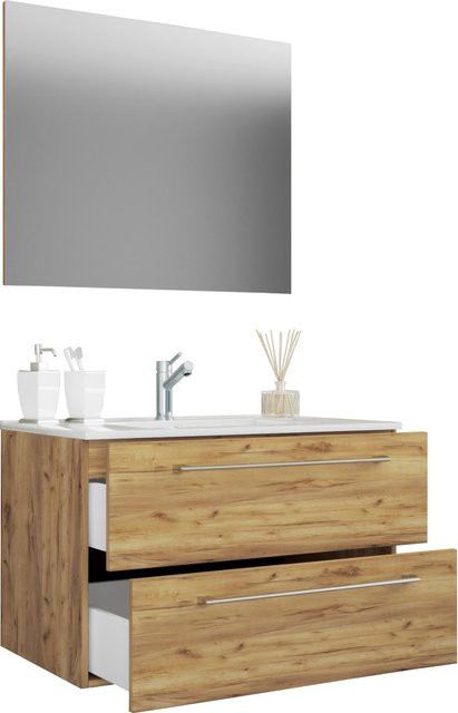 VCM Badmöbel Set Badinos 3-tlg. hängendes Waschplatz Set in Eiche Honig mit Keramik Waschbecken, Unterschrank und Spiegel, B/H/T: 81 x 52 x 46 cm - Bild 1