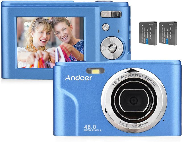 Andoer Digitalkamera in Blau mit 48 MP, 1080P Video, 2,4-Zoll-IPS-Bildschirm, 16-fachem Zoom und Autofokus - Bild 1
