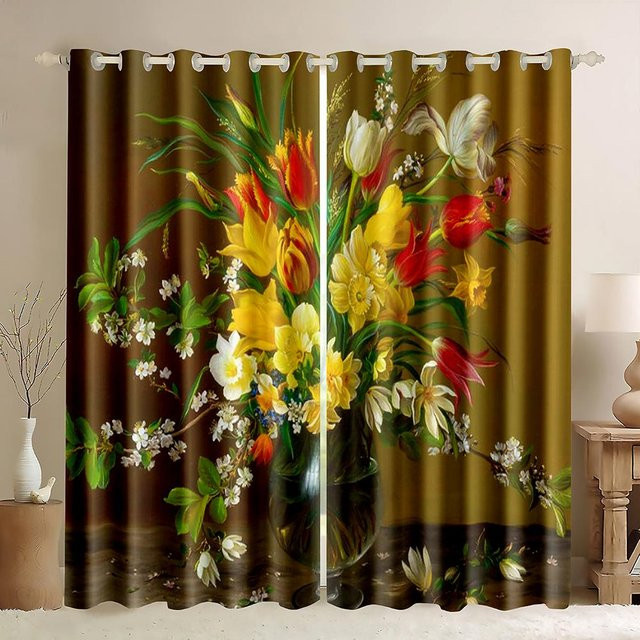 Yiran Furniture Verdunklungsvorhänge mit floralem Ölgemälde-Print in Rosa und Bunt, Set aus 2 Stück inklusive Haken, Breite: 50 cm, Höhe: 130 cm - Bild 1