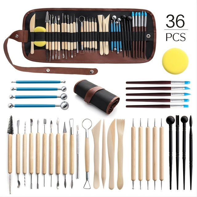 36-teiliges Töpferwerkzeug-Set aus Kunststoff und Silikon in Multicolour zum Schnitzen und Modellieren von Ton - Bild 1