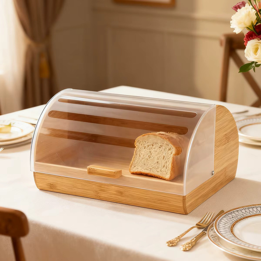 Brotbehälter aus Bambus mit Acryldeckel in Braun, luftdichter Aufbewahrungsbehälter mit Rolltop für Brot und Kekse, B/T/H: 38,0 x 16,0 cm - Bild 4