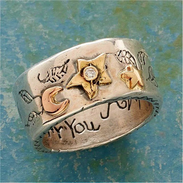 YoYo Ring, Silber, Mond-Stern-Muster, Zirkonia, Unisex, Vintage - Bild 1
