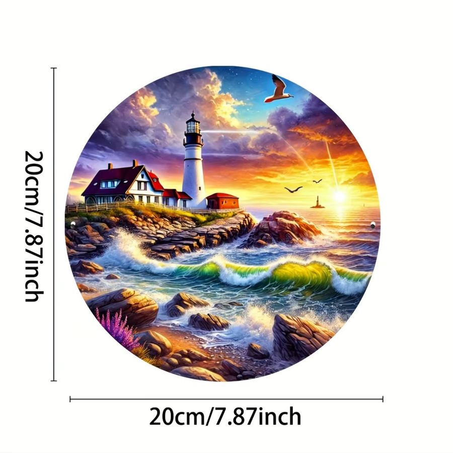 Potdemiel Rundes Metall-Wandbild mit Leuchtturm und Meer bei Sonnenuntergang, Mehrfarbig, Durchmesser: 20 cm - Bild 2