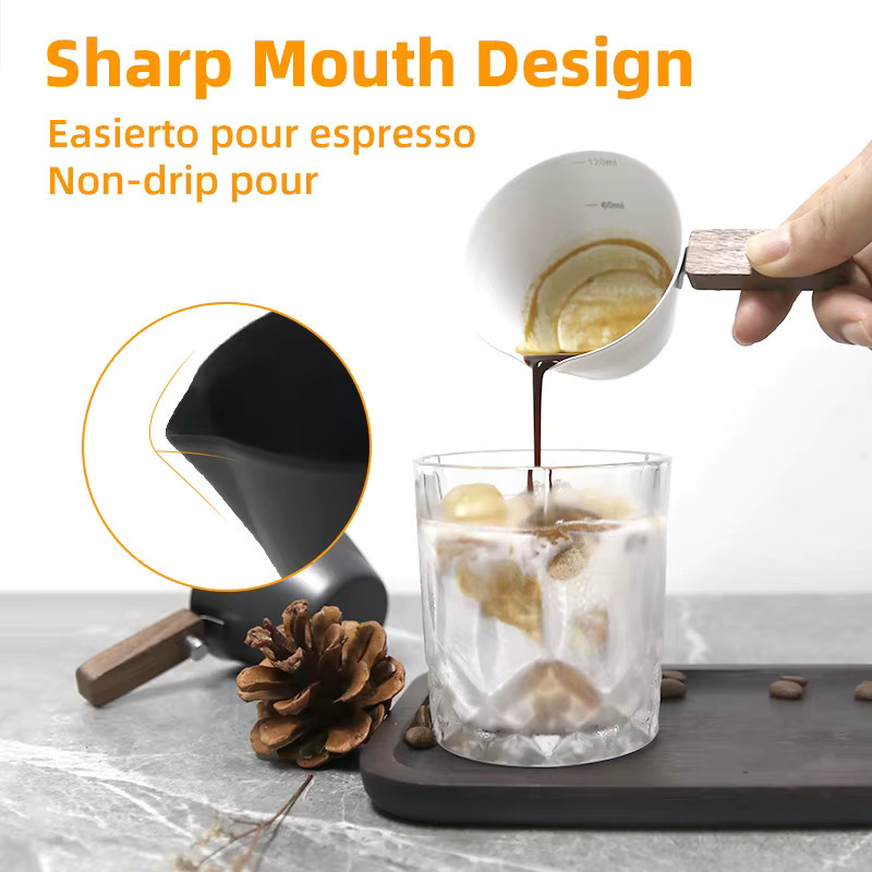 ALIKISSCAFE Espresso-Messbecher aus Edelstahl mit Holzgriff und Skala, Weiß, 120 ml - Bild 4