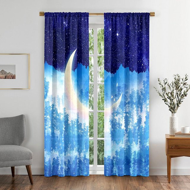 Yiran Furniture Fenster Vorhänge mit Mond und Wolken Design, Blau Multicolour, B: 60 cm, H: 150 cm, 2er Set mit Haken - Bild 1