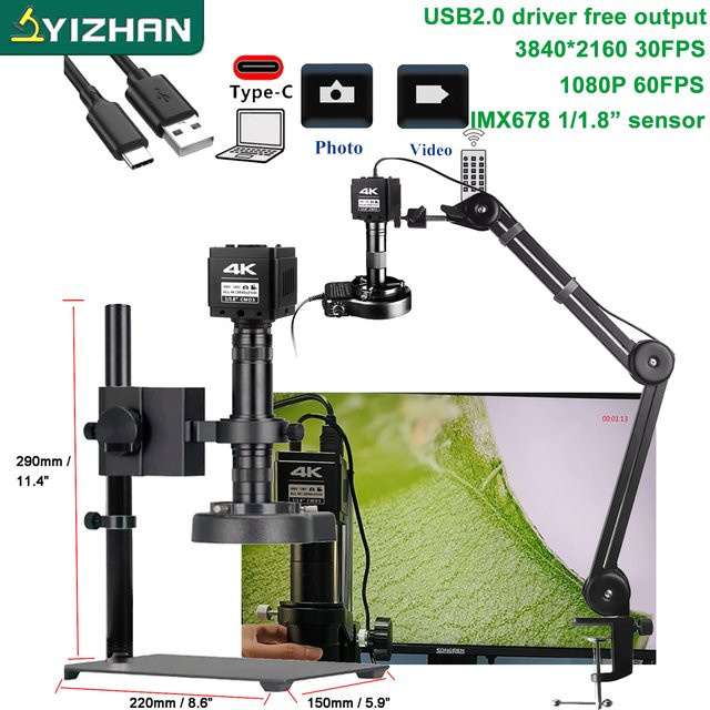 YIZHAN Digitalmikroskop 4K mit HDMI und USB, HD 1080P 60FPS, IMX678 IMX327 Sensor, 150X 215X Zoom-Objektiv, Schwarz - Bild 1
