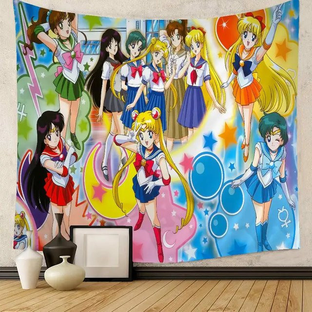 VIKAMA Sailor Moon Wandteppich mit Usagi Tsukino & Sailor Scouts Anime-Druck, Mehrfarbig, B/H: 60 x 40 cm - Bild 1