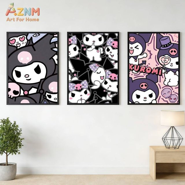AZNM Kuromi Cartoon Leinwand-Wandkunst mit Sanrio-Charakter und Totenkopf-Motiv, ungerahmtes Druckposter in Mehrfarbig - Bild 1