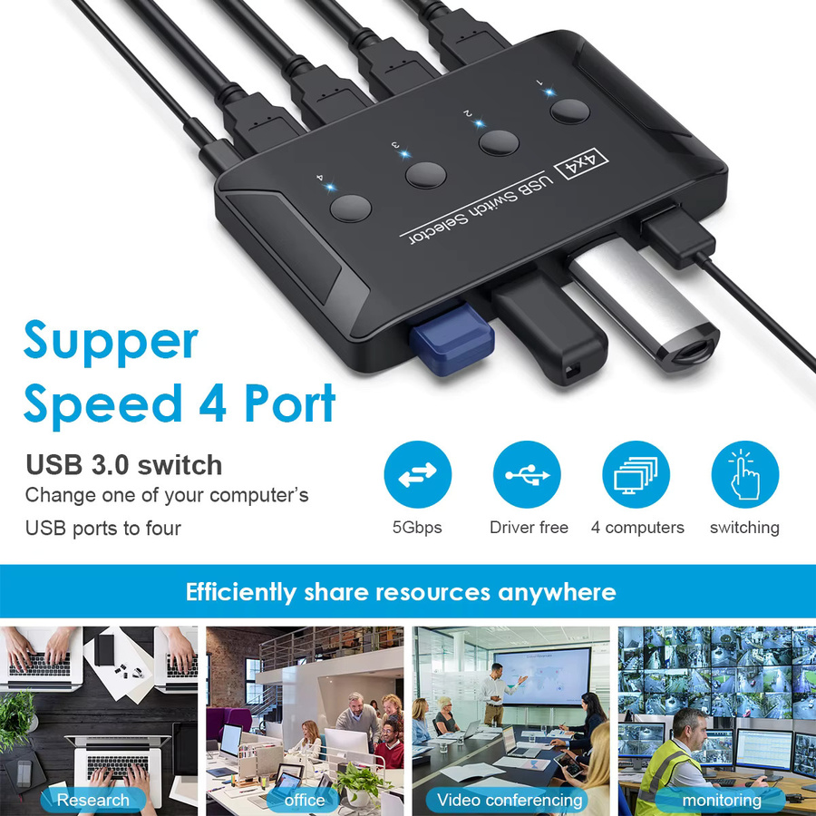 OULLX KVM-Switch 4-Port USB 3.0 und 2.0 Switcher Selector Box in Schwarz für Tastatur, Maus, Scanner und Drucker - Bild 3