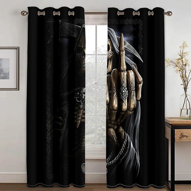 Dekorative 3D Horror Vorhänge mit schwarzem Totenkopf-Motiv, 2er-Set aus Polyester, Farbe: Schwarz, Breite: 50 cm, Höhe: 160 cm - Bild 1