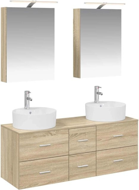 vidaXL Badezimmermöbel-Set 5-teilig in Sonoma-Eiche mit Spiegelschrank, Wandschrank, LED-Beleuchtung und Glas in Braun und Beige - Bild 1
