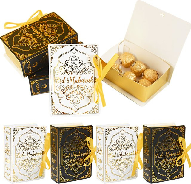 10 Stück ZQNYCY Eid Mubarak Schokoladenboxen in Buchform, schwarze Ramadan Geschenkverpackungen aus Papier für das islamische Fest - Bild 1