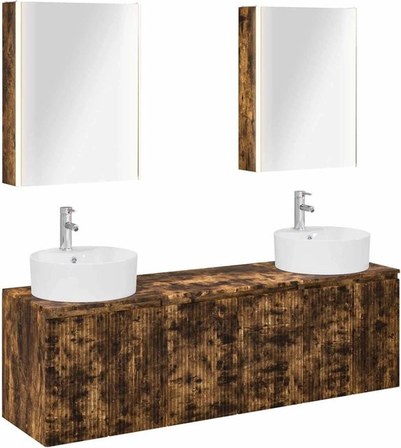 vidaXL Badezimmerschrank-Set aus Holzwerkstoff in Eiche Braun mit Waschtischunterschrank und Spiegelschrank inklusive LED-Beleuchtung und Regalen, modern und wandmontiert - Bild 1