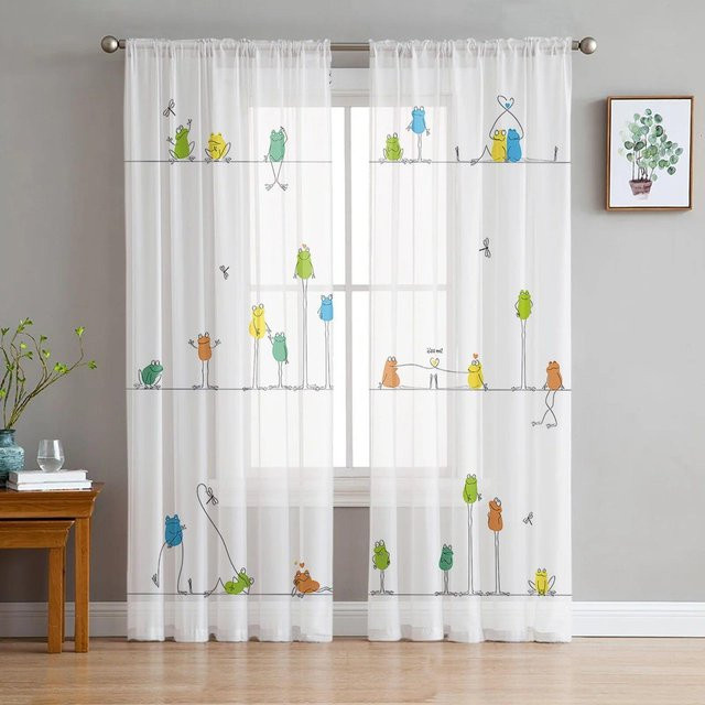 A Family Of Home Textiles Tüll-Vorhang mit Cartoon-Motiv Frosch und Libelle, transparent, grün und gelb, Breite: 135 cm, Höhe: 213 cm - Bild 1