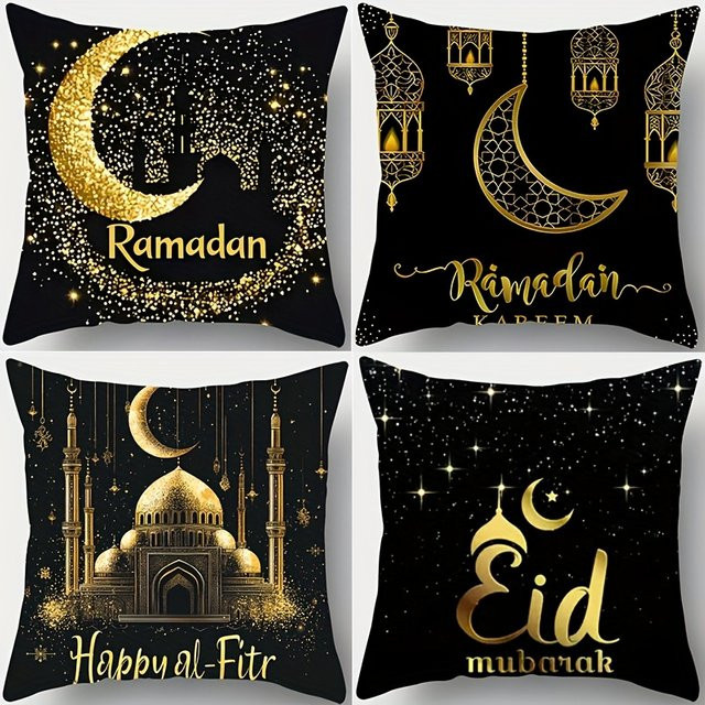 Elegante Eid al-Fitr Kissenbezüge in Schwarz und Gold mit Halbmond, Moschee und Sternen-Motiv, dekorative quadratische Kissenhüllen für dein Fest - Bild 1