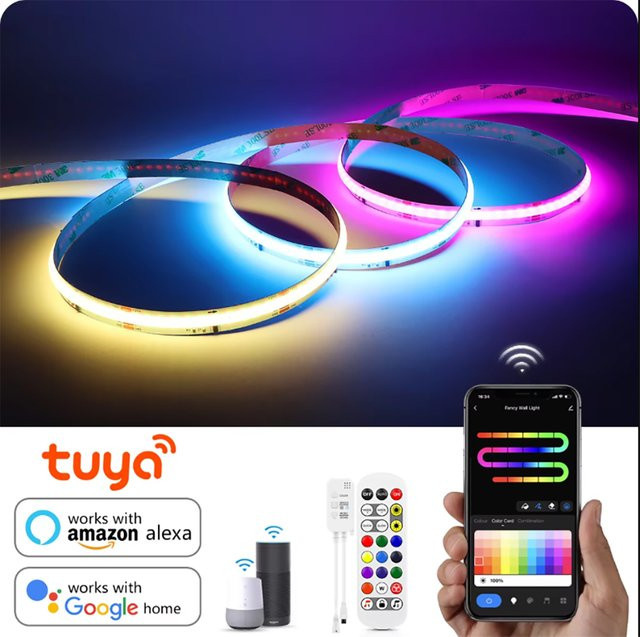 Rybakov Tuya WiFi COB RGBIC LED Streifen mit RF Fernbedienung und Musik Sync, Multicolour, 12V - Bild 1