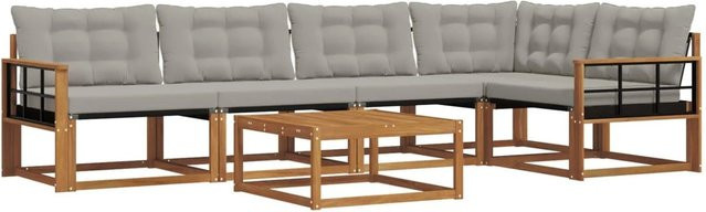 vidaXL Outdoor-Sofagarnitur 6-teilig L-Form aus Akazienholz und Textilene in Natur und Grau mit Kissen - Bild 1
