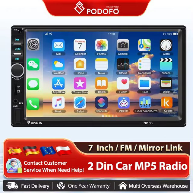 Podofo 2DIN Autoradio mit 7 Zoll Display, Bluetooth, Mirrorlink und EQ Multimedia Player in Schwarz - Bild 1