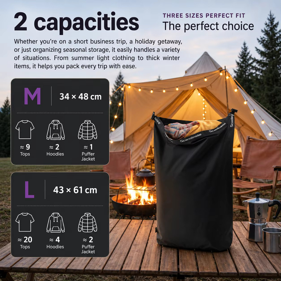 SCANDIHOME Glamping Vakuum-Kompressionsbeutel ohne Pumpenbedarf, wasserdichter Ausrüstungsorganizer für Schlafsack und Daunenjacke in Schwarz - Bild 2