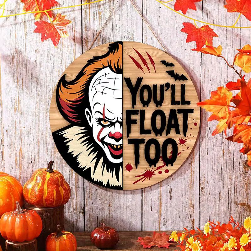 Rundes Holzschild von Potdemiel mit Pennywise-Clown und You'll Float Too Motiv für Halloween - Bild 4